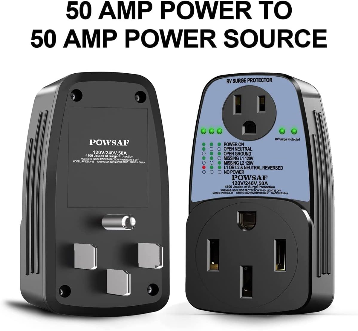 POWSAF Protable rv Surge Protector, 4100 Joules, RV Electrical Adapter with 50 Amp Male to 50 Amp Female and 15 Amp Female Pack of 2