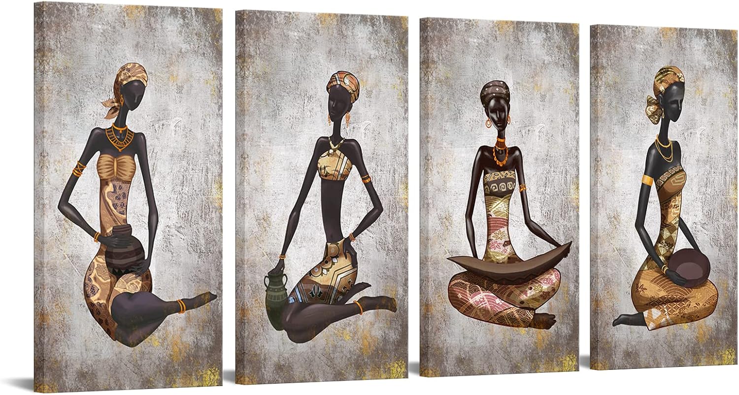 WuaoArt 4 Pieces African Woman Canvas Painting Tribe Lady Wall Art Traditional Black Girl Artwork for Home Bedroom Living Room Decor Gallery Wrapped Ready to Hang