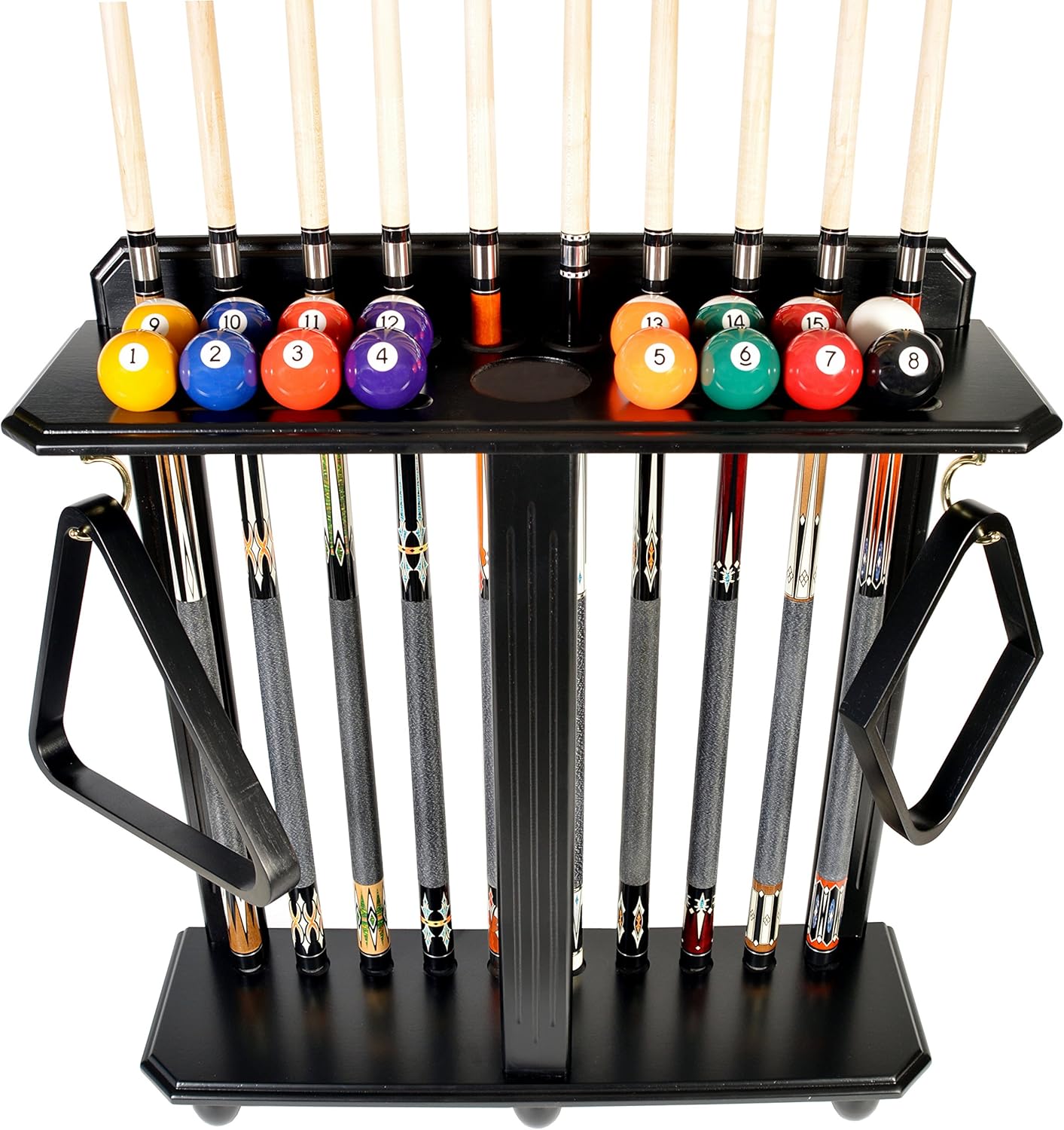 ISZY Billiards Cue Rack Only - 10 Pool - Billiard Stick & Ball Set Floor - Stand Choose Mahogany, Black, Natural Or Oak Finish