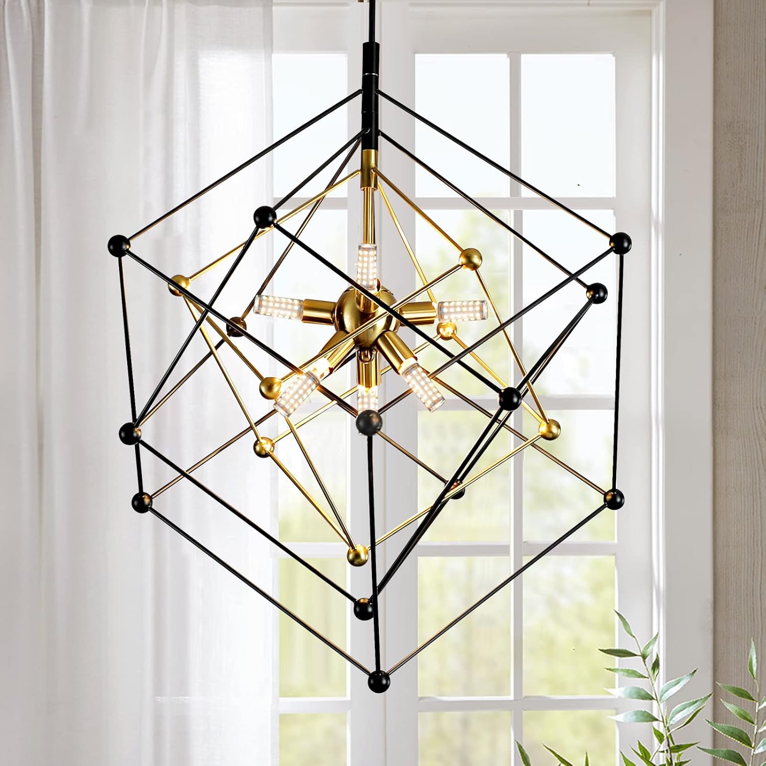 Geometry Chandelier Pendant Light Fixture, 6 Lights Mid Century Black and Gold Chandelier, Adjustable Height Lantern Chandeliers for Dining Room Living Room Entryway