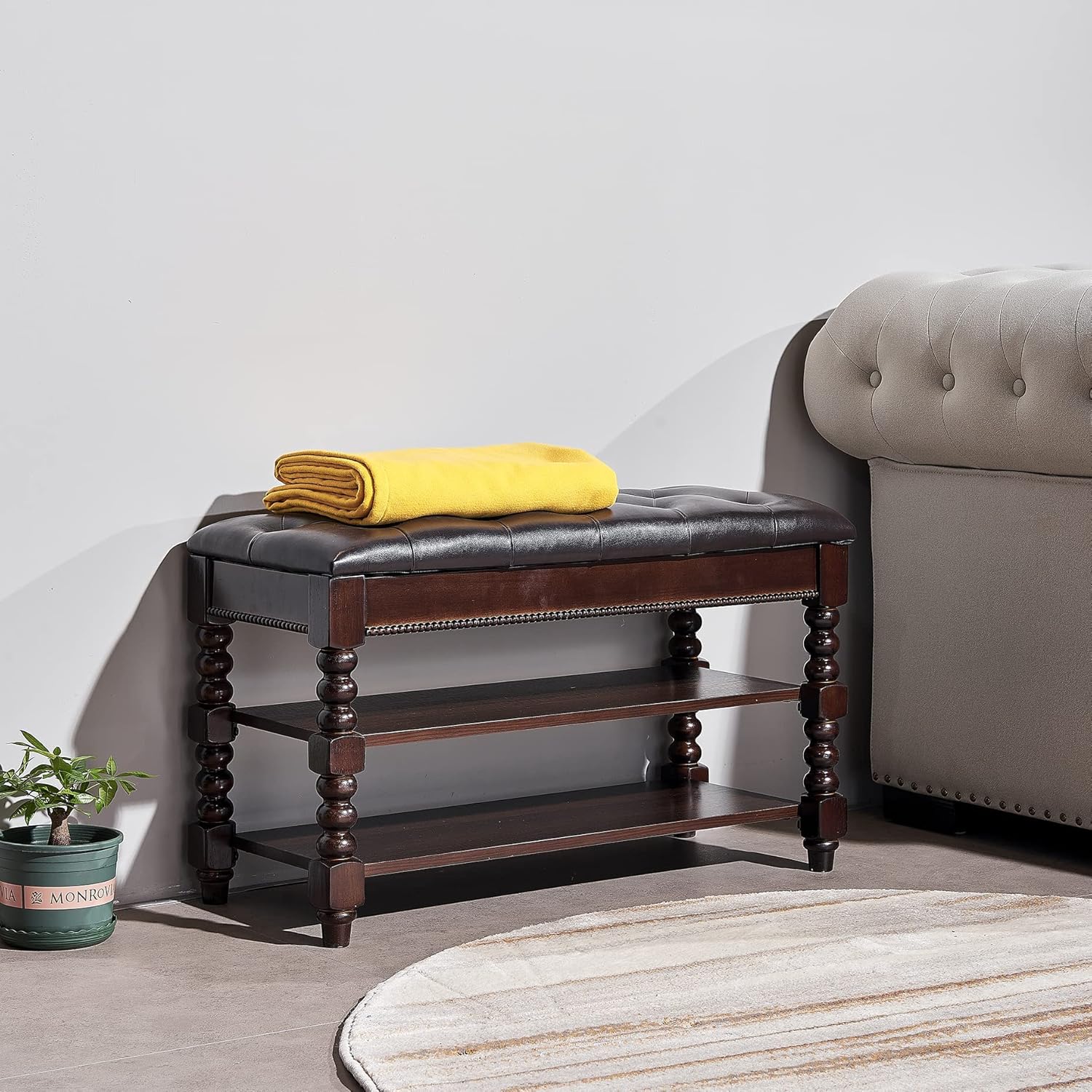 ZIRKOOON Storage Bench, Entryway Shoe Rack wih Leather Seat 2 Tier Lift Top Organizer Wooden Bench for Foyer Bedroom Living Room Accent Furniture (31.5x13.8x18.9'')