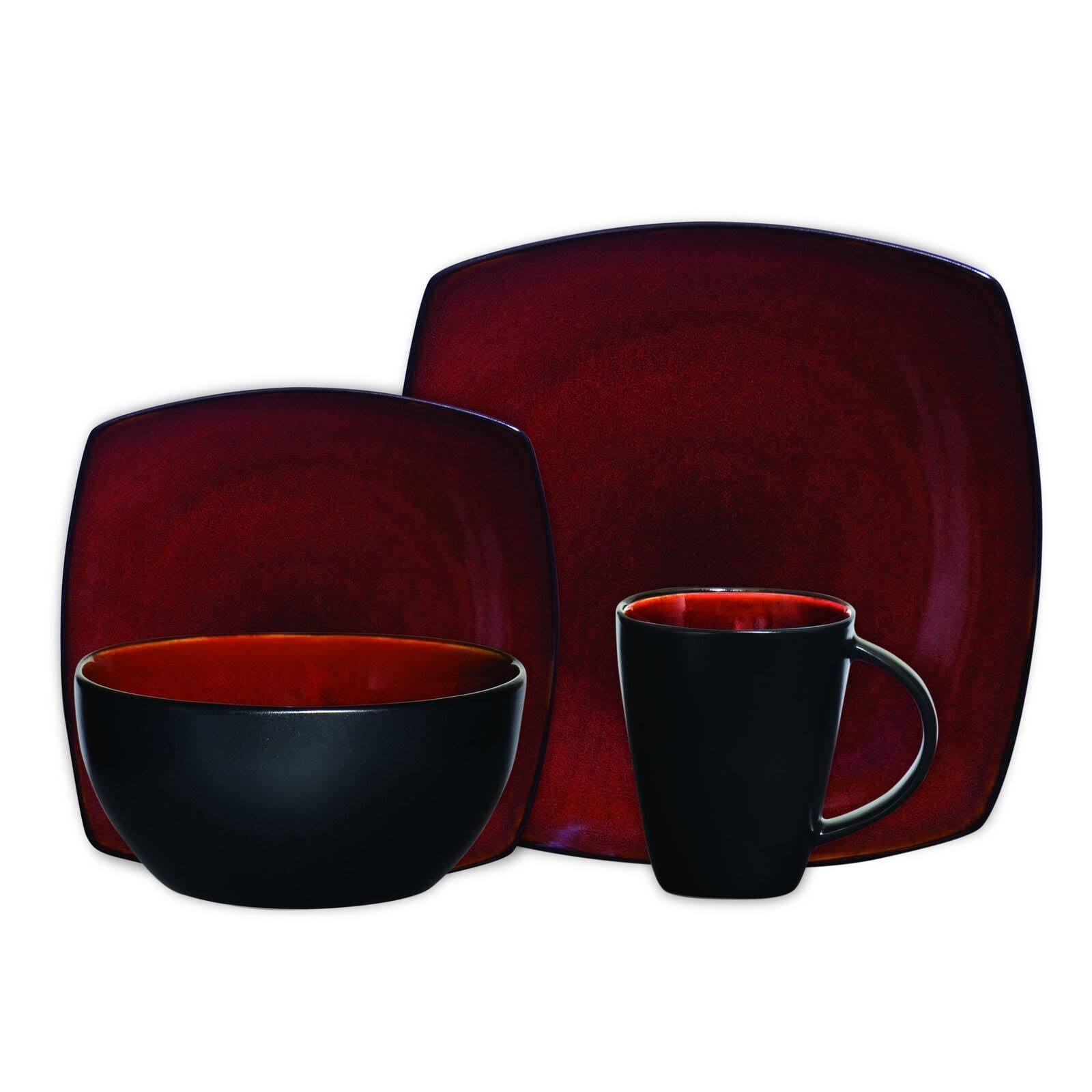 Gibson Elite Soho Lounge 16-Piece Square Reactive Glaze Dinnerware Set, Red