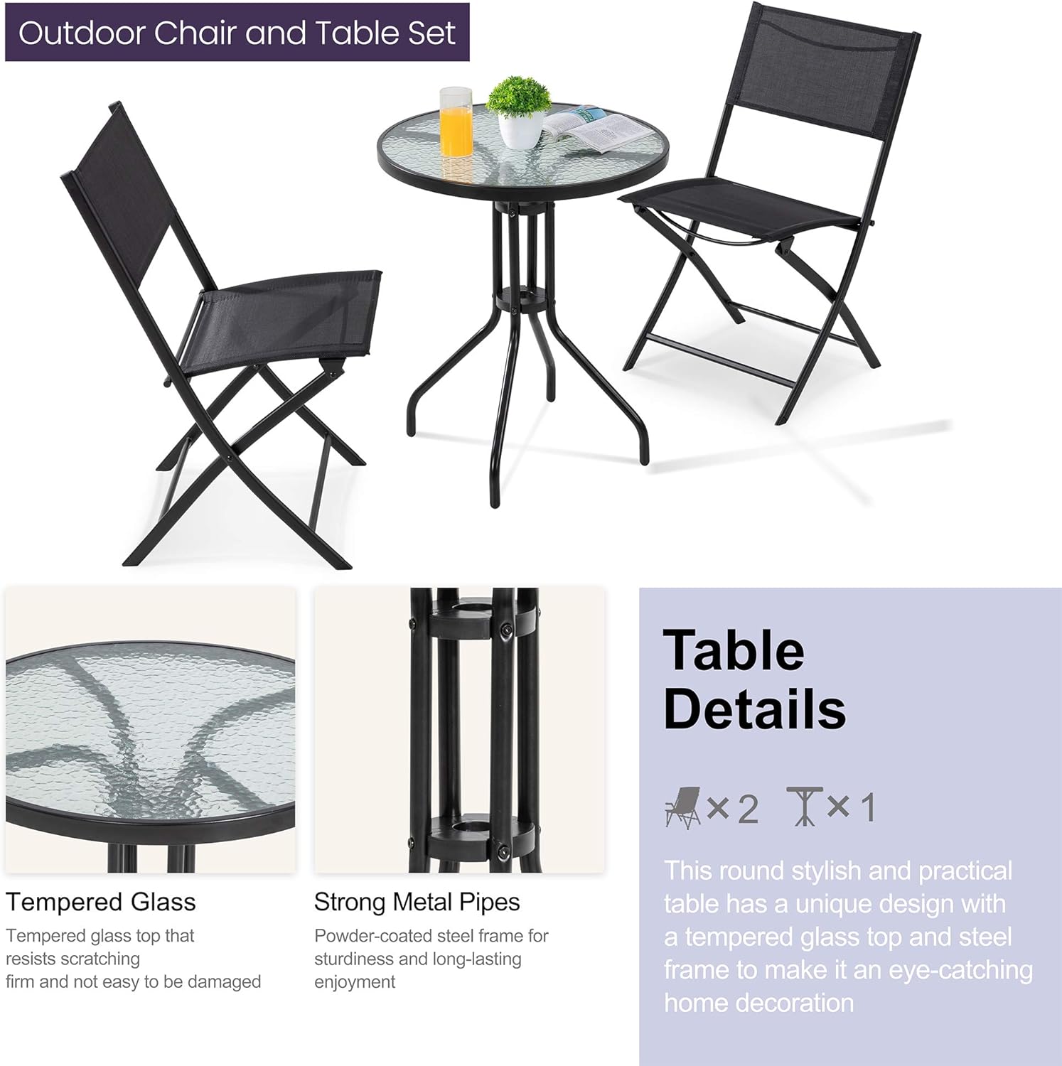 Vongrasig 3 Piece Outdoor Bistro Set, Steel Textilene Small Balcony Furniture Metal Folding Patio Chair and Table Set w/ 2 Foldable Chairs, Round Glass CafeTable for Porch Garden, Black