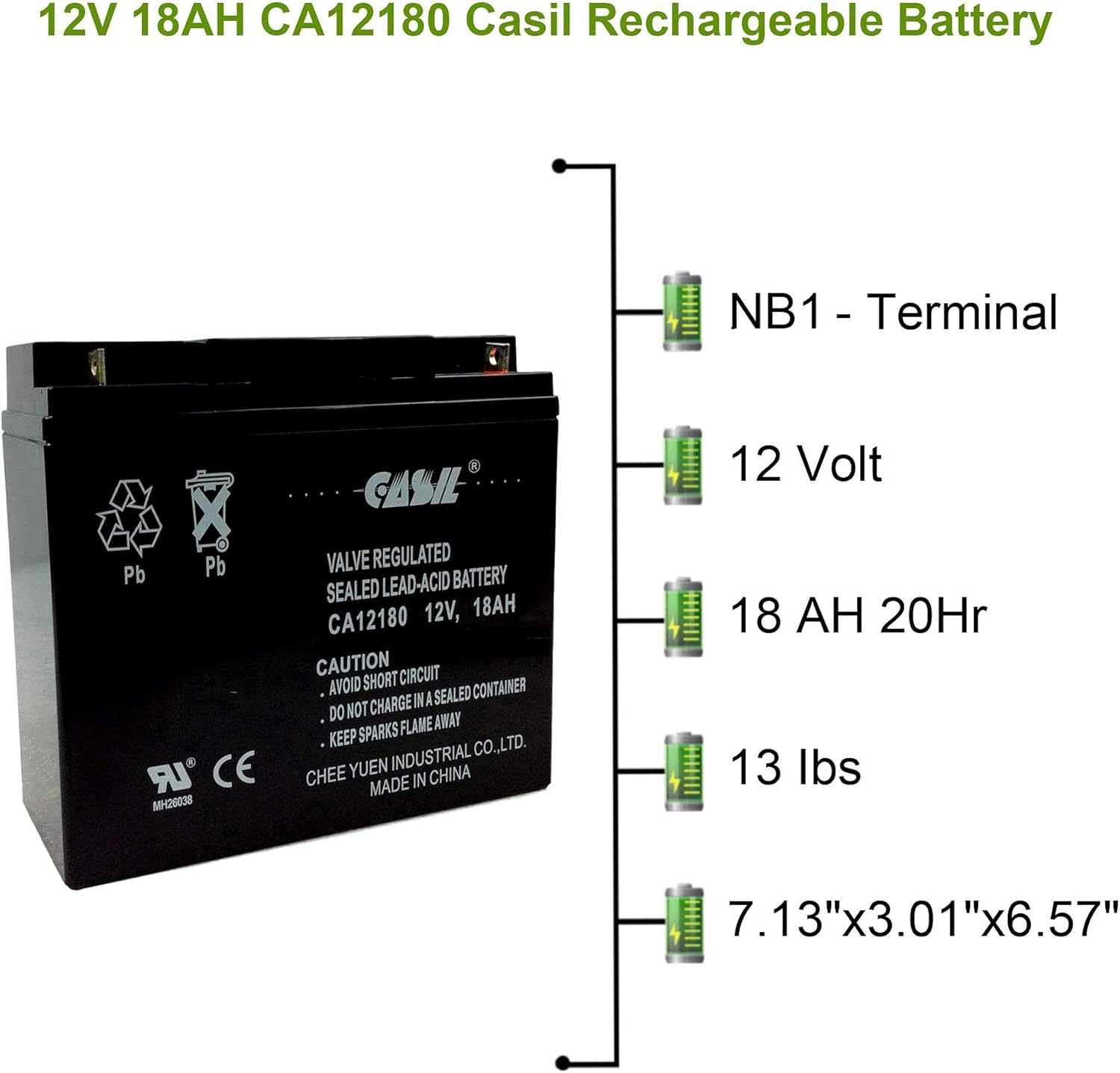Casil 12V 18AH CA12180 SLA Sealed Lead Acid Rechargeable AGM Battery