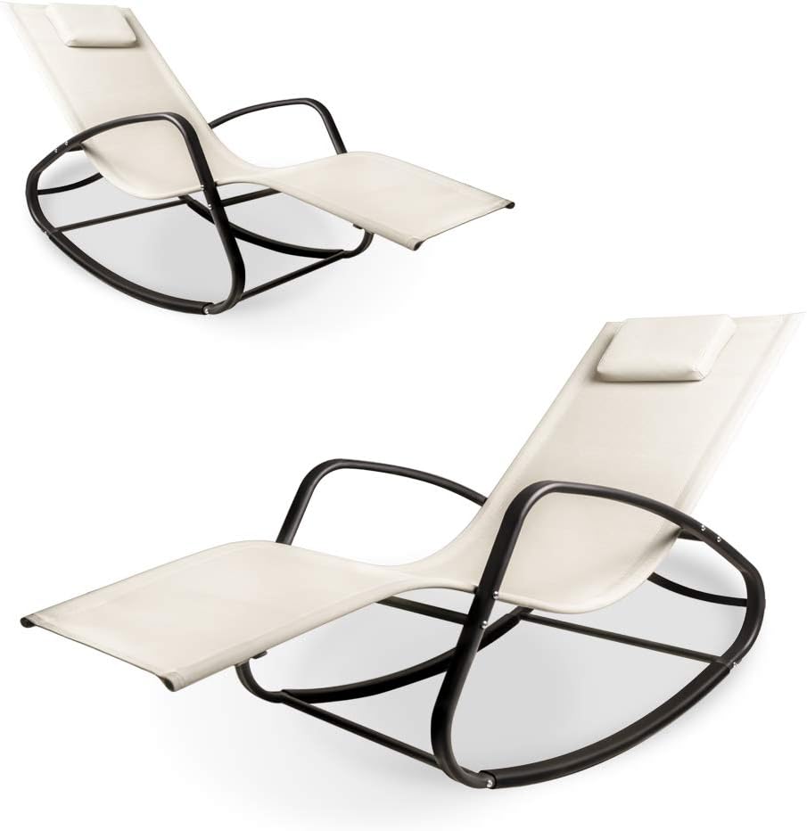 WeCooper Zero Gravity Rocking Chair, Patio Chaise for Indoor and Outdoor, Wavy Lounge Chair for Yard and Patio, Removable Headrest, Beige, Twin Pack