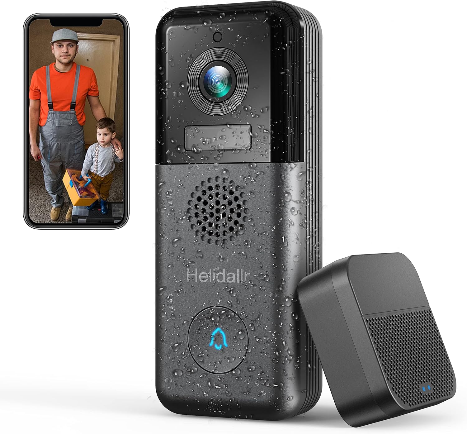 WiFi Video Doorbell Camera, Helidallr True 2K Wireless Video Doorbell Camera, IP66 Front/ Back Video Door Bell, 2-Way Audio, Motion Detection, Night Vision, Really Clear View for Home Security