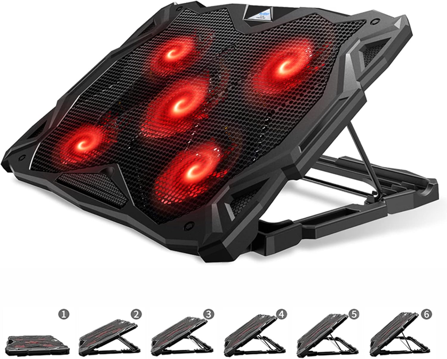 PCCOOLER Laptop Cooling Pad, Portable Laptop Stand with 6 Angle Adjustable & 5 Quiet Blue LED Fans for 12-17.3 Inch Gaming Laptop, Laptop Cooler Built-in Dual USB Ports Support Mouse, Keyboard Device Pack of 2