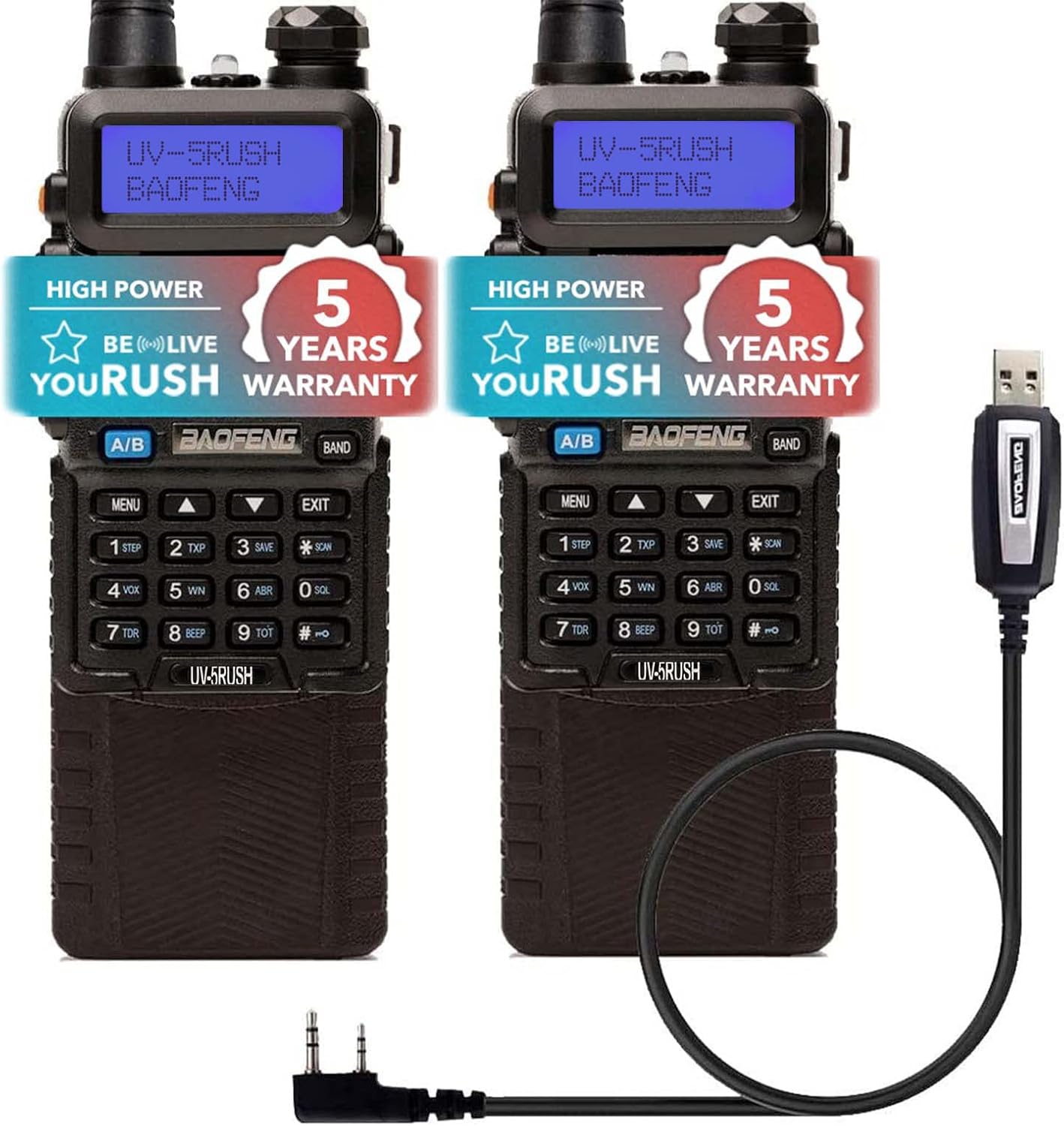 youRUSH Portable Ham Radio - 2 Pack - BAOFENG UV5R 8W Dual Band Two Way Radio with Extended Battery BL-5L 3800 mAh and Lanyard - Plus USB Programming Cable - Chirp Support - Built-in VOX Function Pack of 2