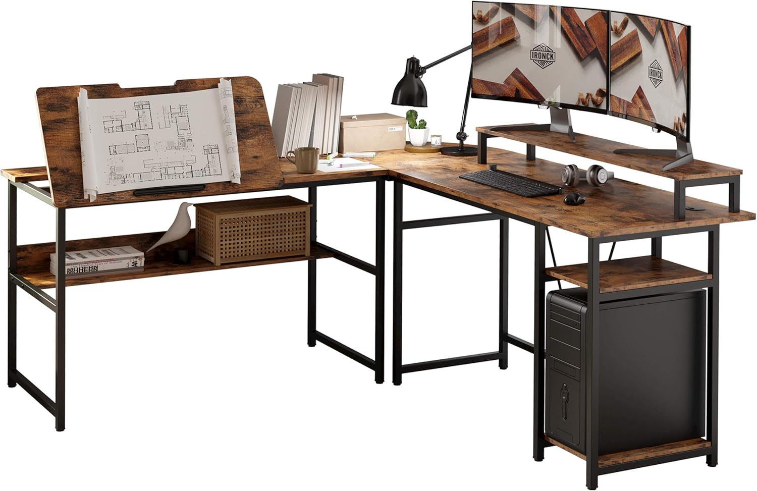 IRONCK L Shaped Desk Drafting Table with Storage Shelves, Corner Table with Tiltable Tabletop and Printer Monitor Shelf Multi-Usage Large Office Desk Workstation, Black
