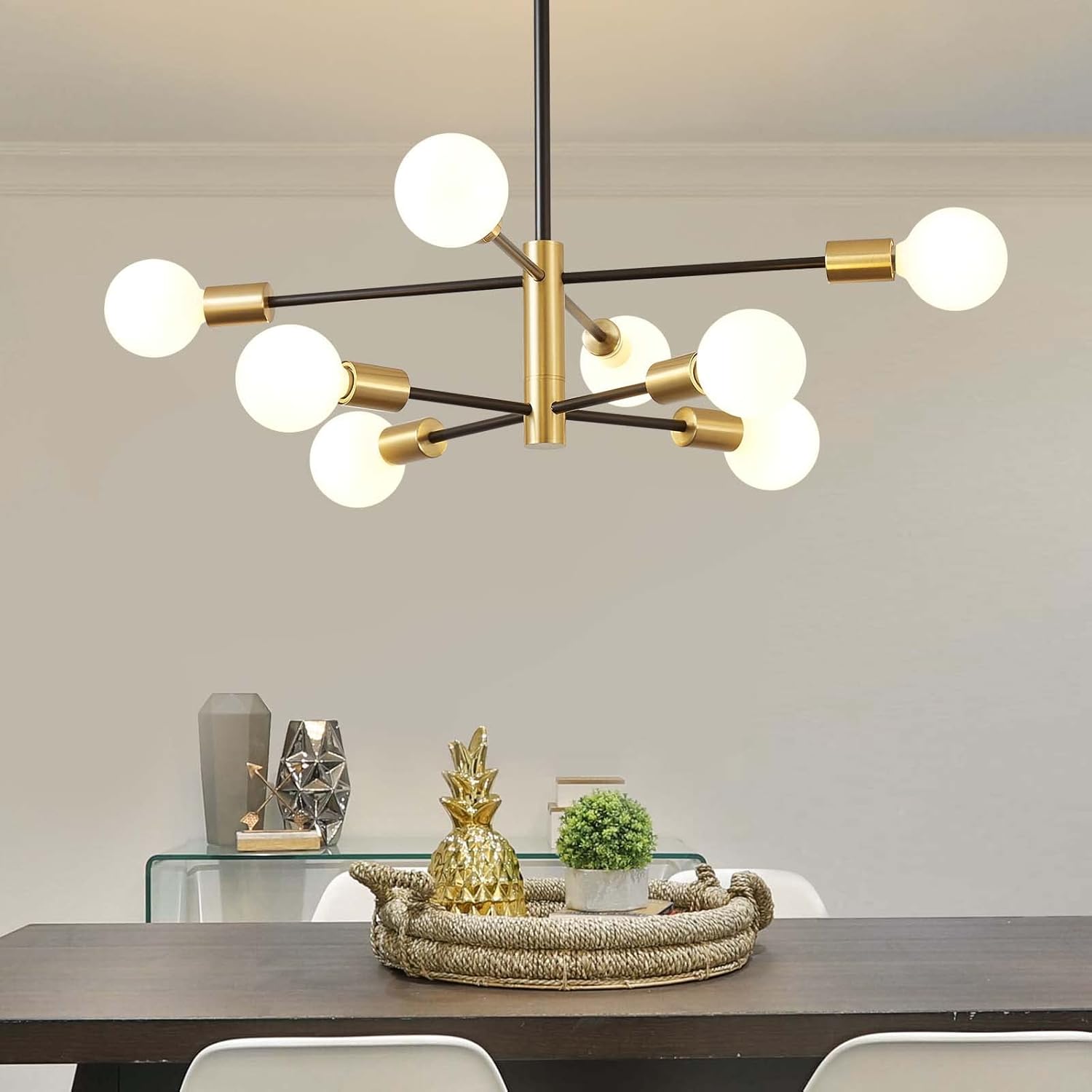 KUCICO Modern Sputnik Chandeliers, Mid Century 8-Light Chandelier,Black and Gold Industrial Pendant Light Fixture for Dining Room , Kitchen Island, Living Room,Bedroom,Farmhouse(Bulb Not Included)