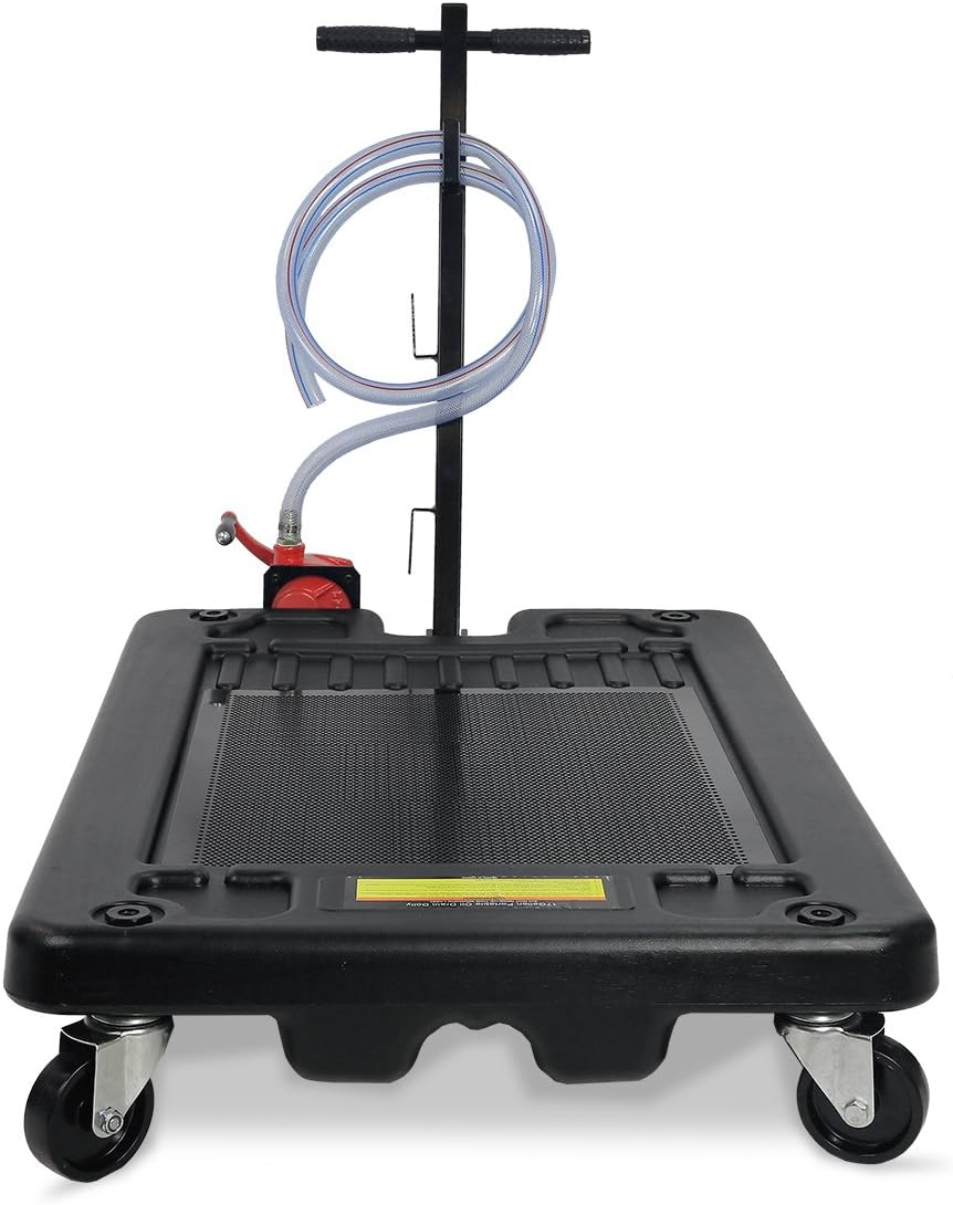 STKUSA 65040-1 17 Gallon Oil Drain Pan Pump Low Profile Large Capacity Oil Change Pan Tray Mesh Swivel Caster Wheel with Hose, Black