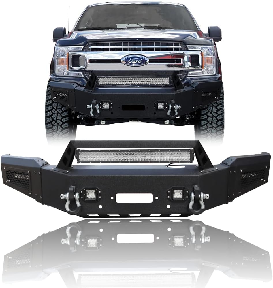 NW Black Texture Steel New Front Bumper With Winch Plate&LED Spotlights&D-Rings For 2018/2019/2020 Ford F150（Not Fit Raptor and Ecoboost）