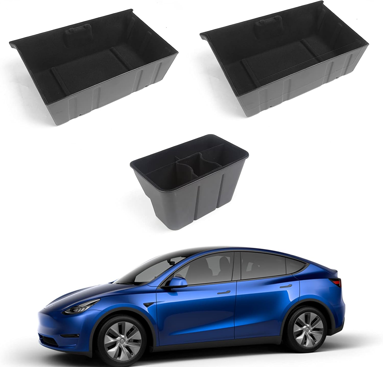 Bomely Fit Tesla Model Y Under Seat Storage Boxs Organizer Tray Rear Middle Flocking Box For Tesla Model Y Accessories 2020 2021 2022(Set of 3 ABS Boxes)