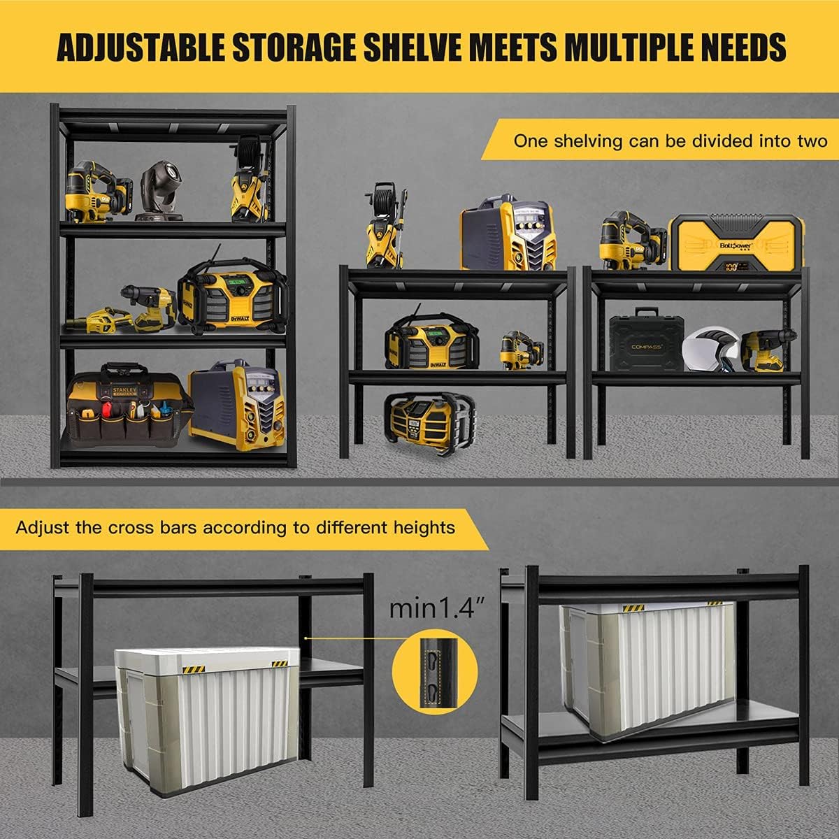 Raybee Garage Shelves Heavy Duty Metal Utility Racks with 4 Adjustable Steel Shelving Unit for Storage, 1600 LBS Capacity Storage Rack for Office Kitchen, 39.3