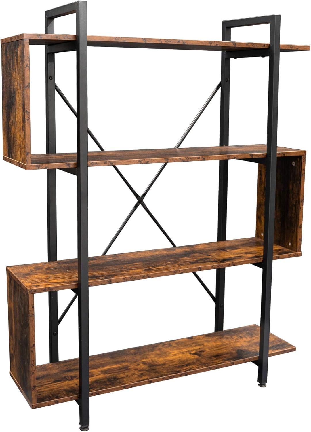 Becko US Bookshelf Vintage Industrial Bookcase 4 Tier S Shaped Display Book Shelves Storage Rack Shelves Z Shaped Shelges for Bedroom Home Office Living Room Entryway Hallway (Rustic Brown)