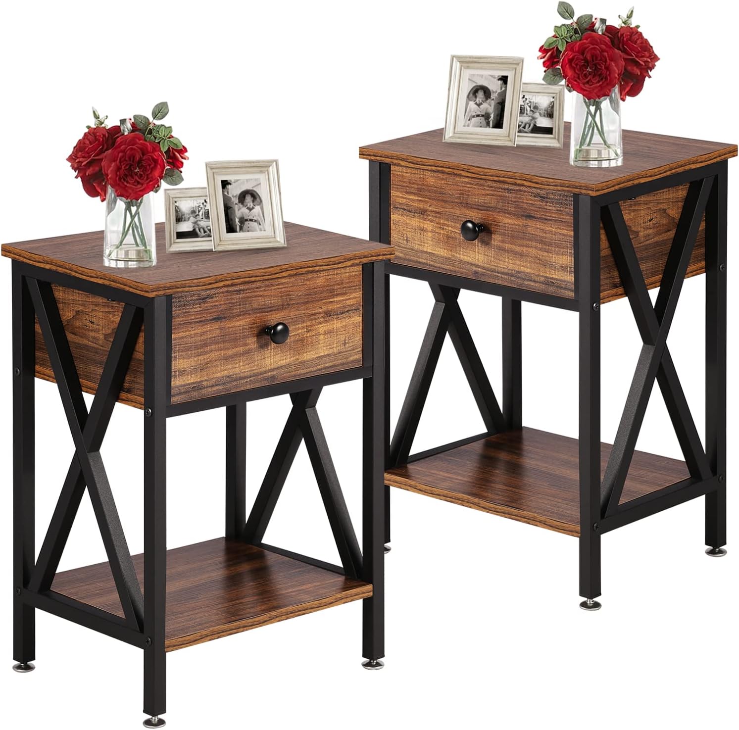 VECELO Nightstands, End Table with flip Drawer and X-Design Side, Night Stand for Living Room Office Bedroom Lounge, Black