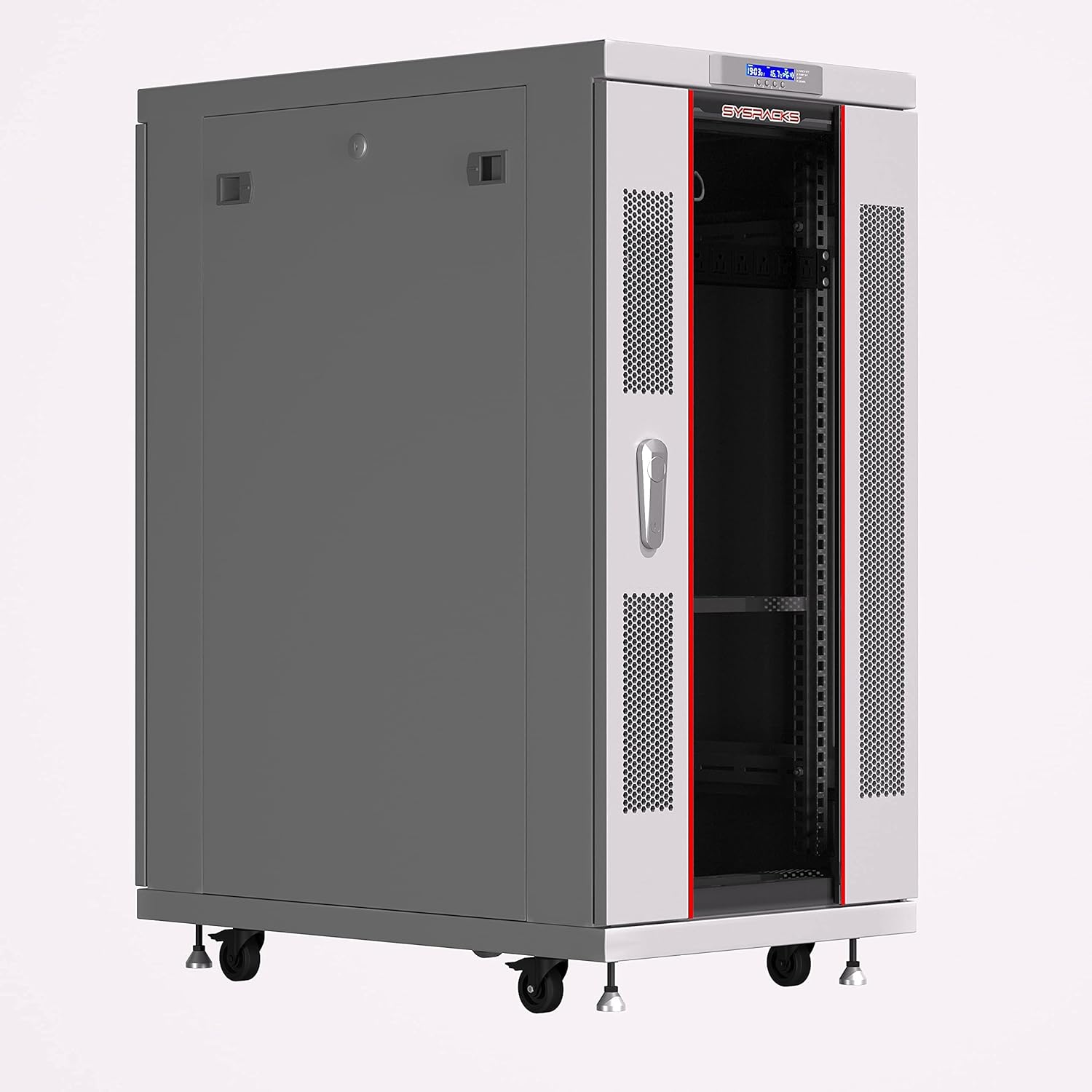 Server Rack - Locking Cabinet - Network Rack - Av Cabinet - 27U - Rack Mount - Free Standing Network Rack- Server Cabinet - Caster Leveler - Rack Shelf - Cooling Fan - Thermostat - PDU - Light Grey