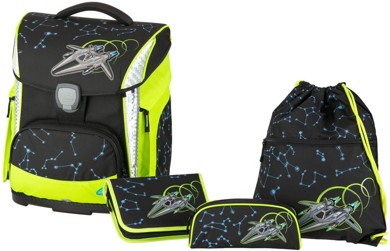 Schneiders Vienna Schulranzenset Plus mit Federmappe, Schlamper und Sportbeutel, Space Ship, 4 teilig Schoolbag Set, 40 cm, Blac