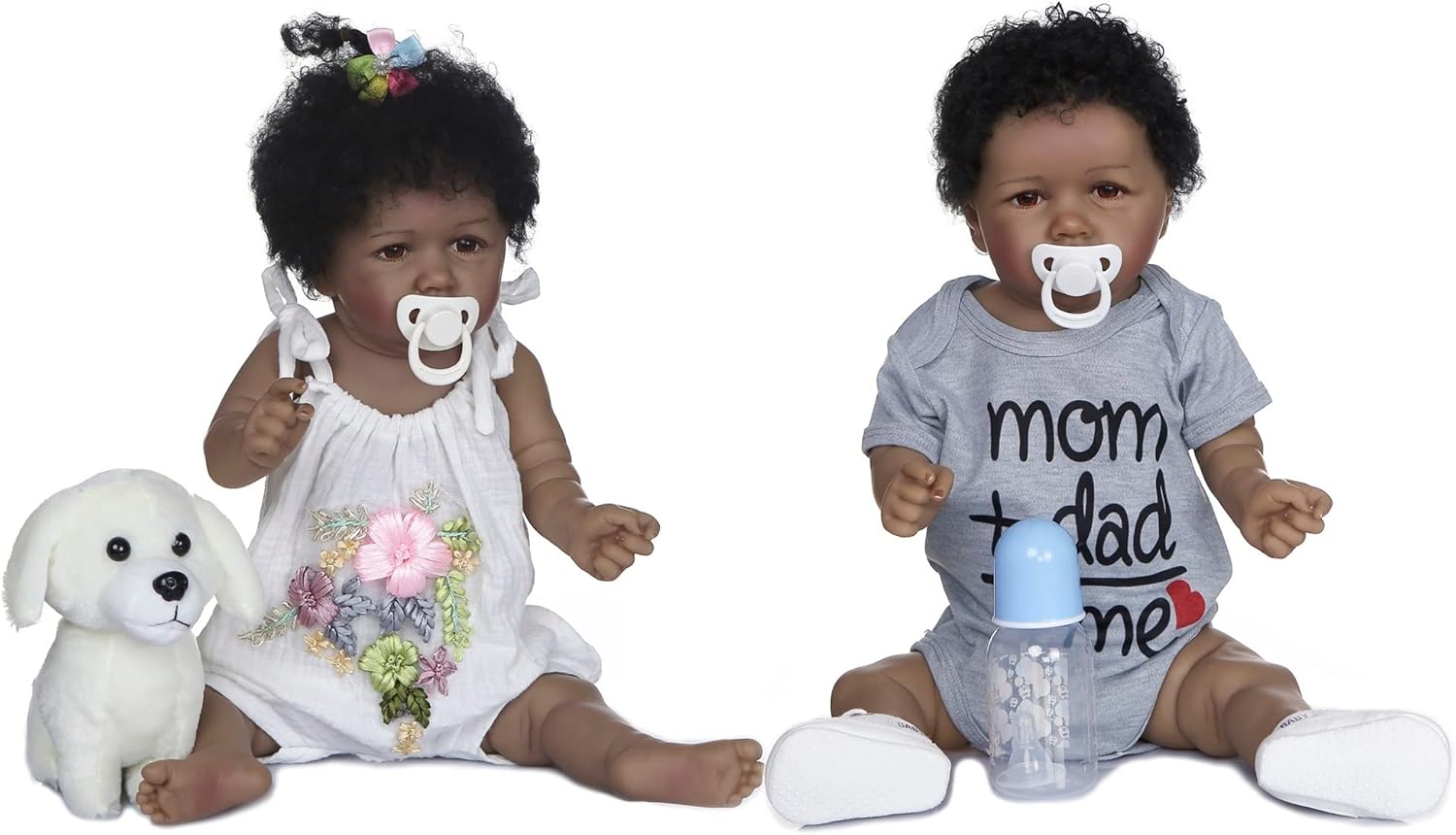 Cute Reborn Baby Twins Dolls Black Girl Boy Look Real 22 inch African American Reborn Newborn Doll Silicone Full Body Weighted Lifelike Ethnic Bebes for Children Toy Gifts 2PCS