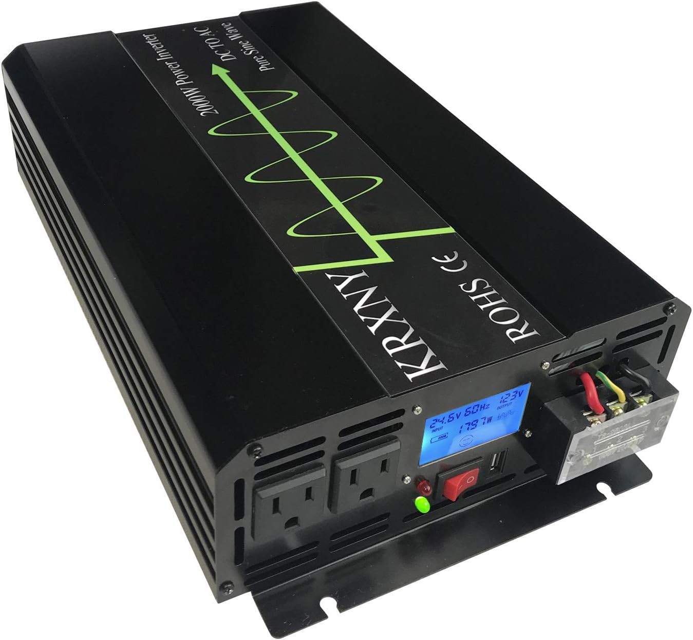 KRXNY 2000W 24V DC to 120V AC 60HZ Pure Sine Wave Off Grid Home Solar Power Inverter Converter with USB Port LCD Display