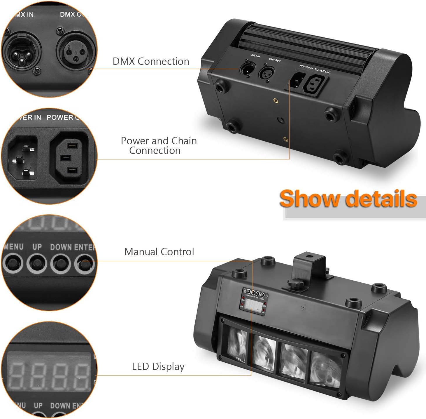 BSYUN DJ Lights RGBW LED 2nd Version Moving Head Stage Lights Sound Activated Disco Lights Compatible with DMX-512 Controller for Wedding Dance Birthday Event Party