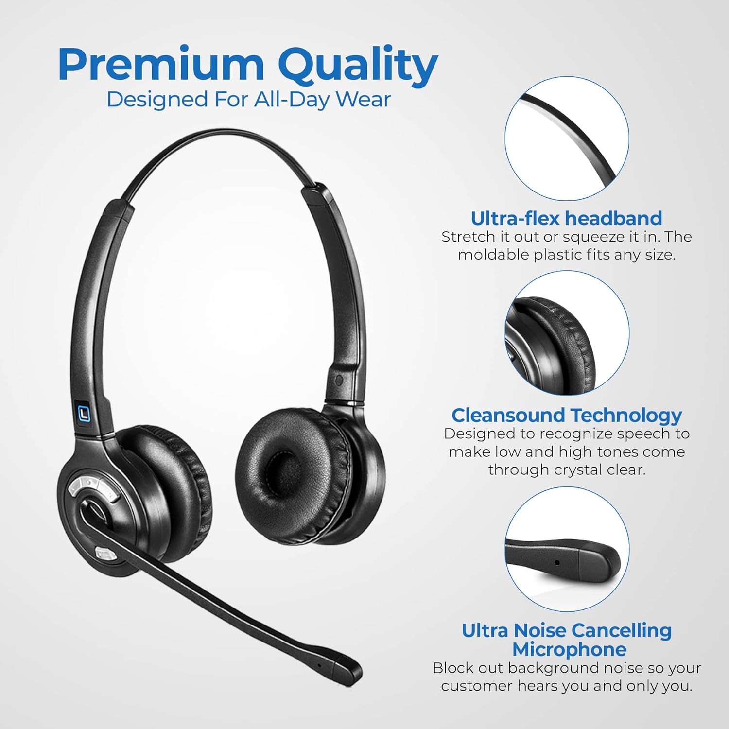 Leitner LH375 – Wireless DECT Office Headset with Bluetooth for Desk Phone, Computer and Bluetooth Device – Works with 99% of Landline Phones, PCs, and Cell Phones (USB, Phone Jack, and Bluetooth)