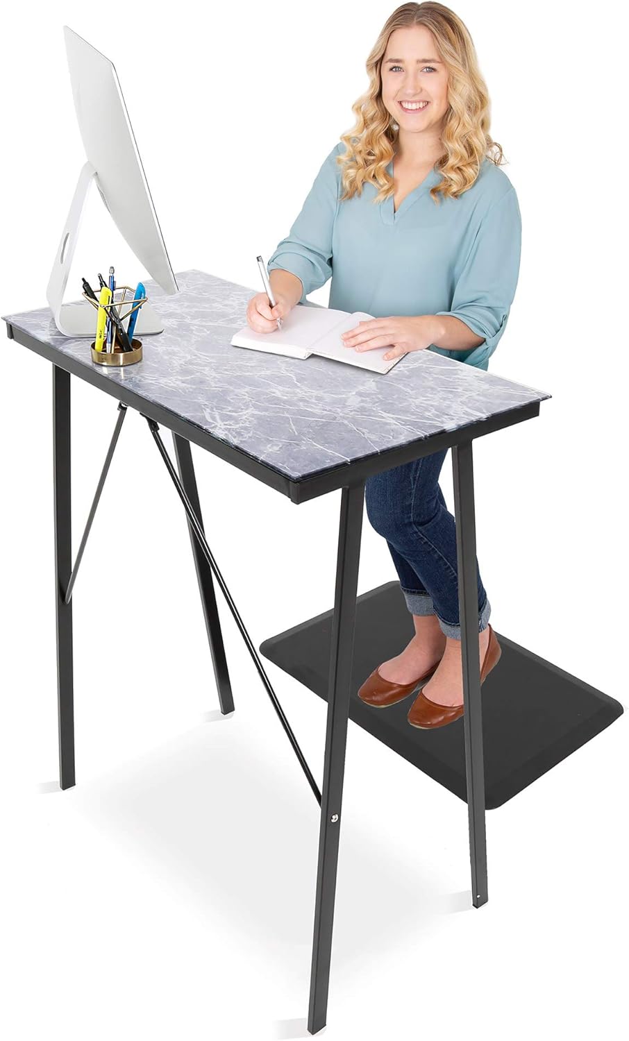 Stand Steady Joy Standing Desk | 32in Compact Glass Desk | Small Standing Desk with Tempered Glass Top & Marble Print | Tall Desk & Reception Table | Stand Up Desk for Home & Office (Marble)