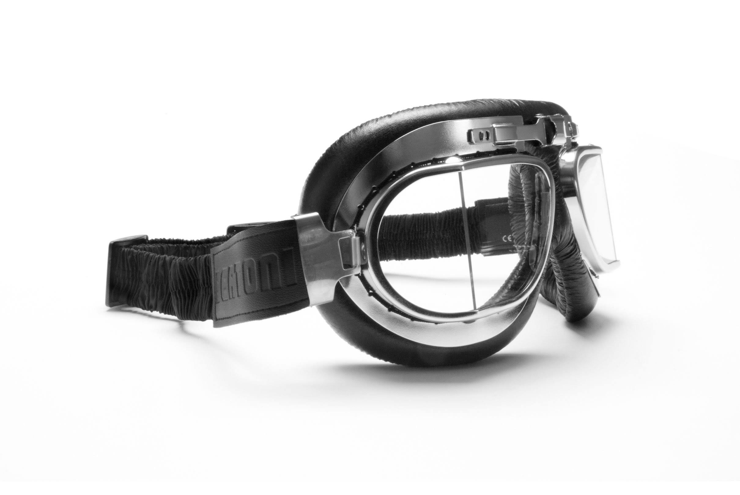 Vintage Motorcycle Goggles with Antifog and Anticrash Squared Lenses - Chromed Steel Frame - by Bertoni Italy - AF193CR Black Mo