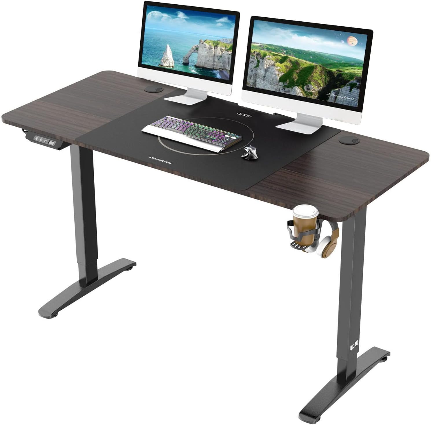 PRIJESSE Electric Lift Standing Desk, 55 x 28 Inch Height Adjustable Standing Desk, Spacious Desk, Desk with Memory Function and Overload Protection, Walnut Top, Home, Office, Easy to Assemble