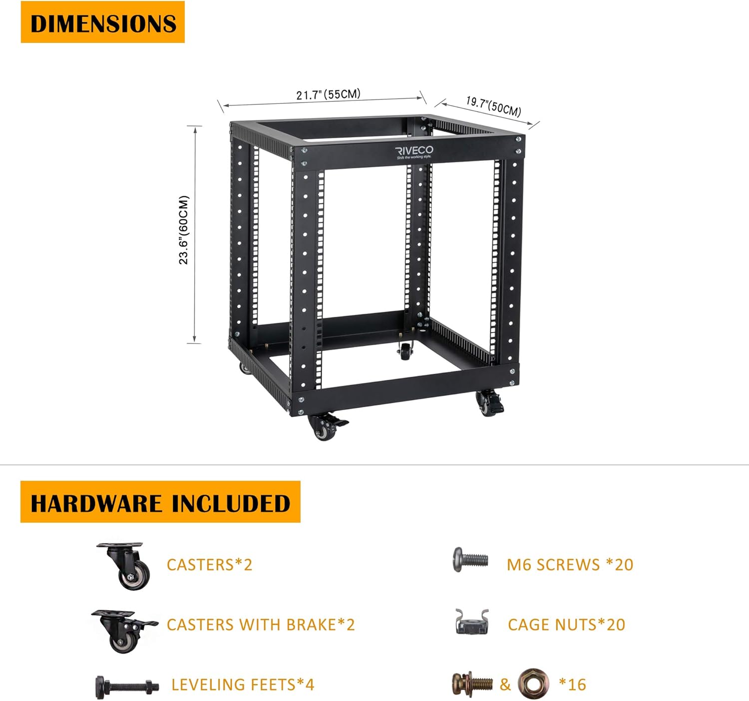 12U Server Rack Open Frame with Casters-RIVECO 4 Post Quick Assembly 19-inch, Data Rack Network Shelf Cabinet Heavy Duty Black