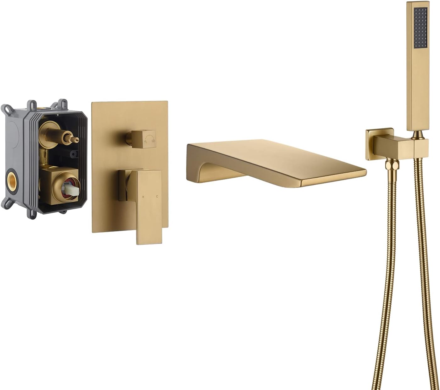 Trealif Wall Mount Bathtub Faucet with Waterfall Tub Spout Handheld Shower,Single Handle Hot and Cold Water Mixer Tap Shower Solid Brass Tub Filler Matte Black