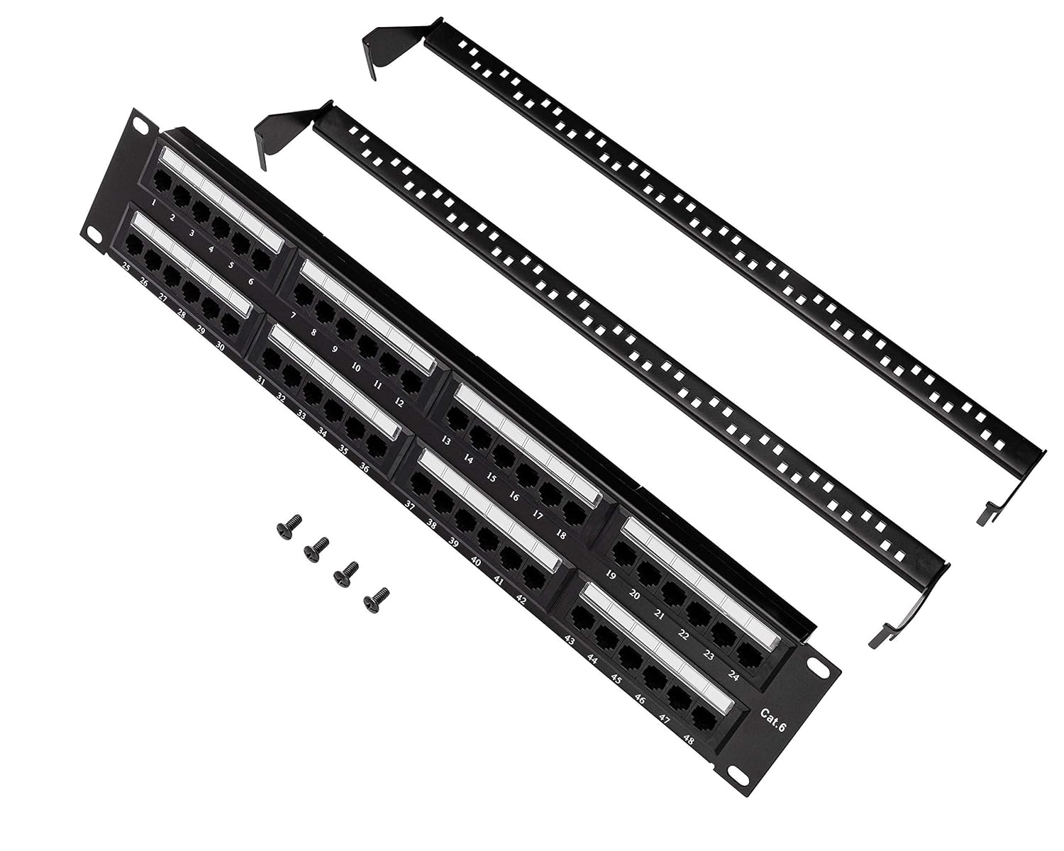 Verbex Cat6 48 Port Patch Panel - Wall and Rack Mount Compatible with Cat6, 5e, 5 Cabling - Standard 19 inch, 1U, Heavy-Duty Panel with 2 Bars, Cable Ties, Screws - Ethernet Network (48 Port)