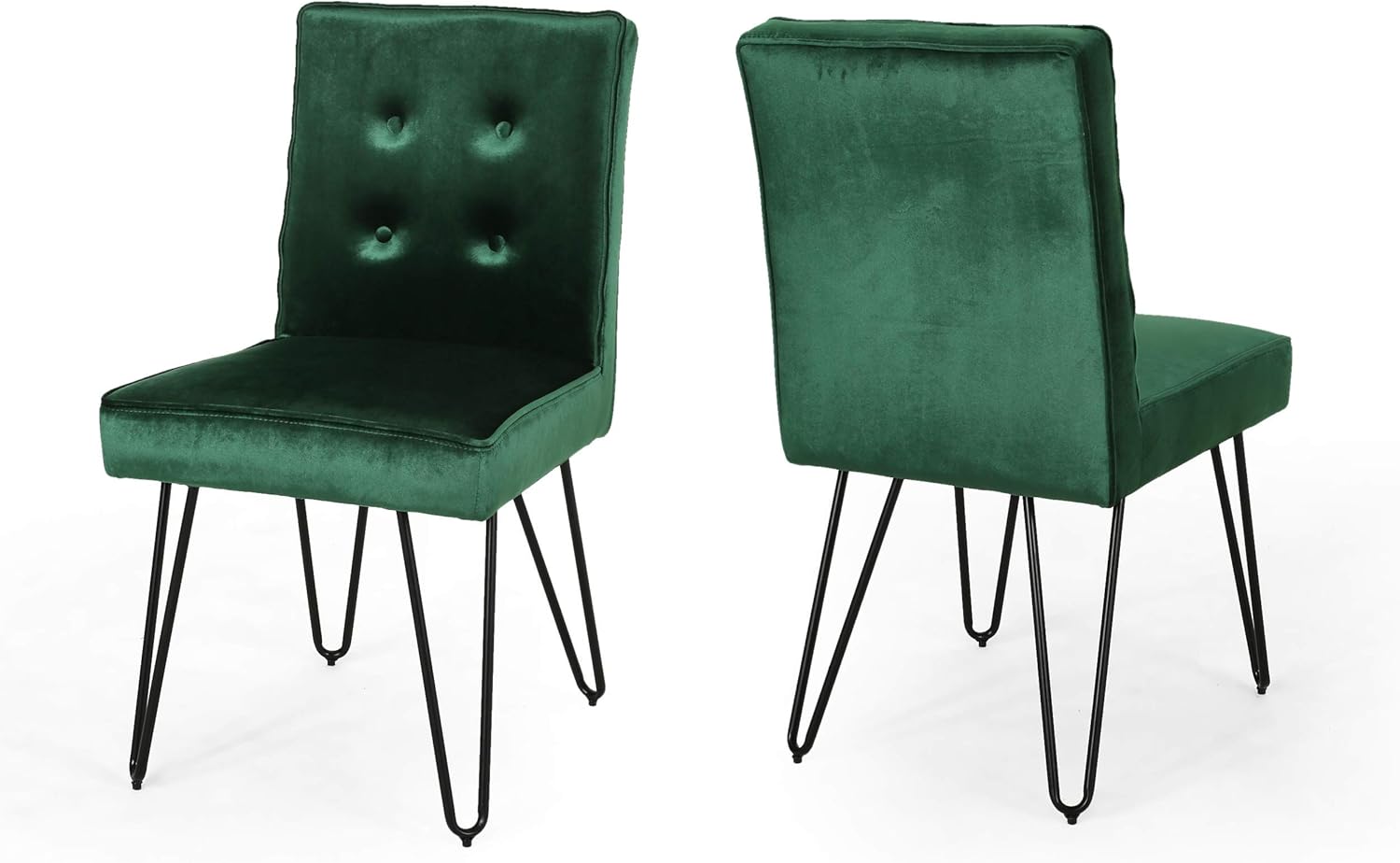 Christopher Knight Home Natalie Glam Tufted Velvet Dining Chairs with Iron Legs (Set of 2), Emerald and Black Finish