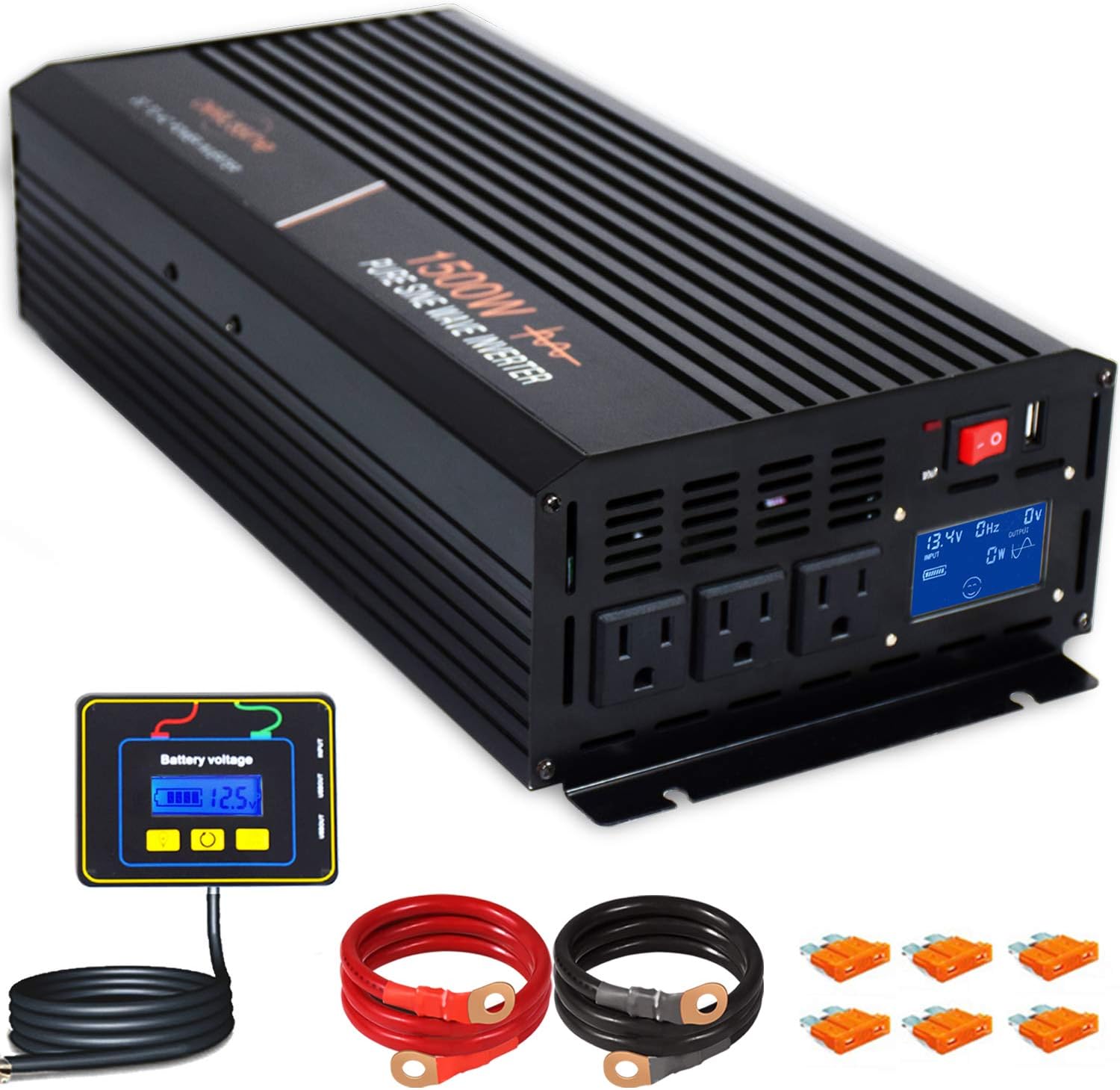 aeliussine 1500 watt Pure Sine Wave Inverter 12v dc to ac 110v 120v with LCD Display with Remote Switch Power Inverter for Car Off Grid Solar Power System (1500w12v LCD)