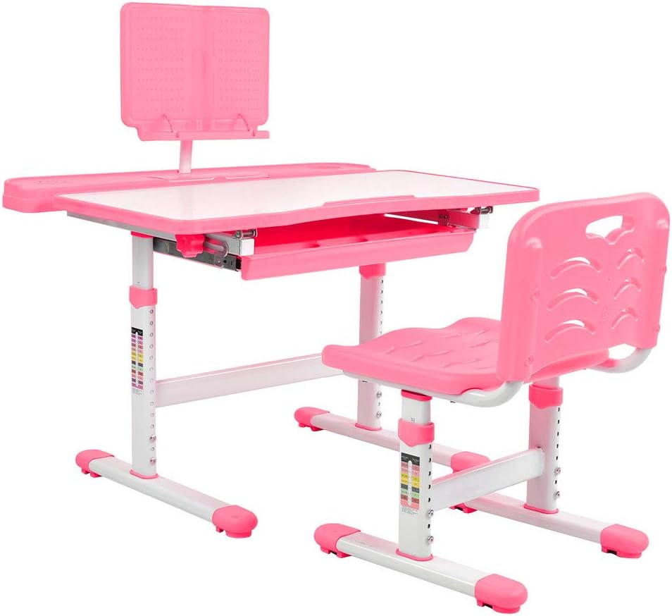 Kids Desk and Chair Set, Adjustable Ergonomic Children's Study Writing Table and Chair Kit School Interactive Workstation with Tilt Desktop, Bookstand and Storage Drawer for Girl Boy Student (Pink)