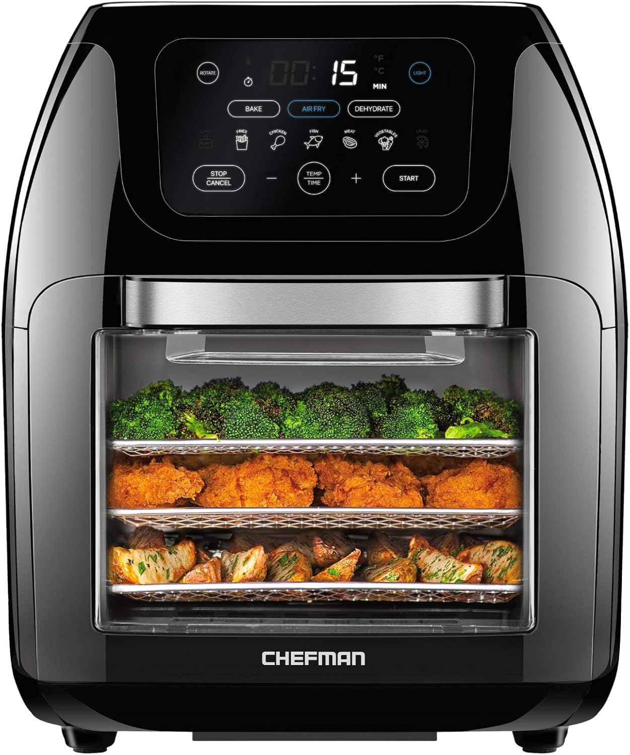 Chefman Multifunctional Digital Air Fryer+ Rotisserie, Dehydrator, Convection Oven, 17 Touch Screen Presets Fry, Roast, Dehydrate & Bake, Auto Shutoff, Accessories Included, XL 10L Family Size, Black