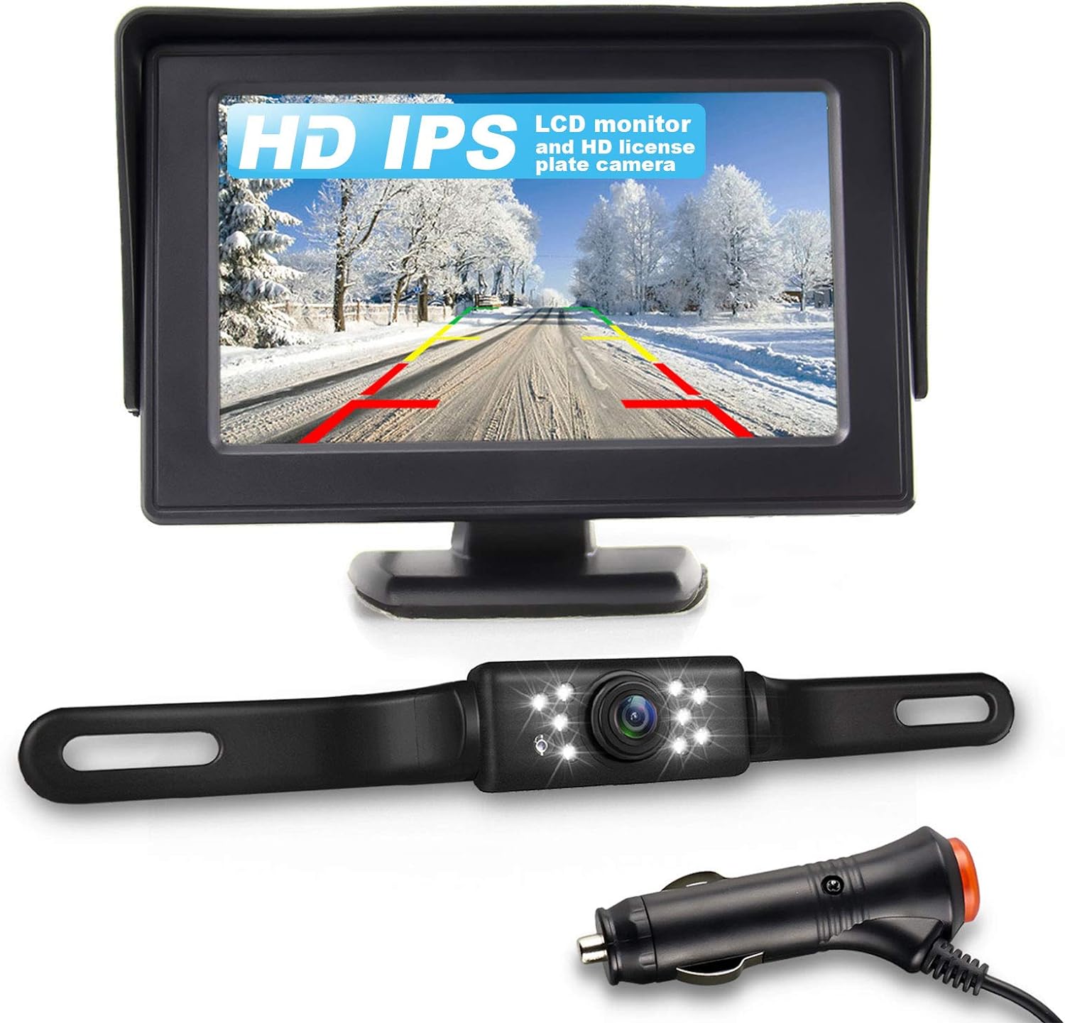 JPP HD Backup Camera and Monitor Kit, Car Rear View observation system, Newly Upgraded 4.3 Inch IPS FHD Color Display and a Waterproof Night Vision License Plate Reverse Camera for Car/RV/Truck/Pickup