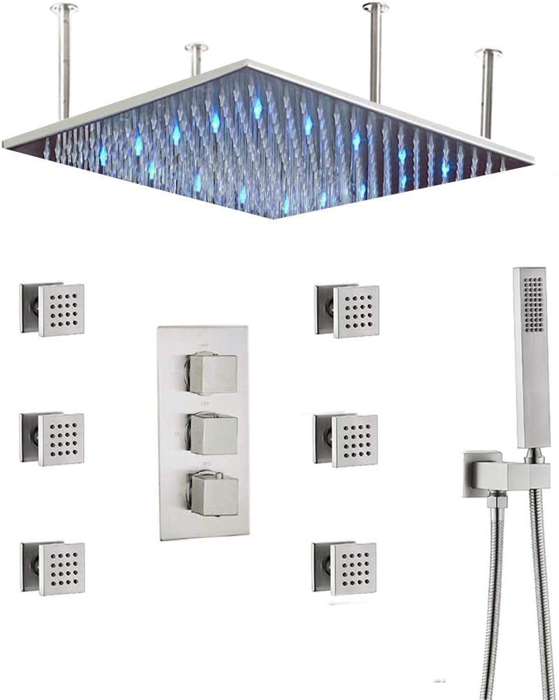 HOMEDEC Thermostatic LED Shower head with Body Sprays Bathroom Shower System with Hand Shower, Square Fixed Shower Head Color Changing with Water Temperature (20inch, Matte Black)