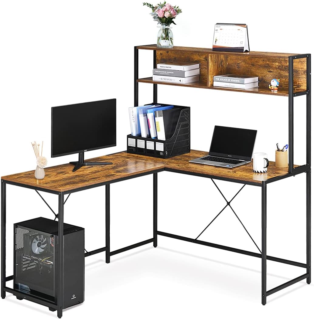 LIFEFAIR L-Shaped Desk with Hutch, Home Office Desk Computer Desk Workstation Space-Saving, Corner Desk Gaming Table with Storage Shelves - Antique Oak