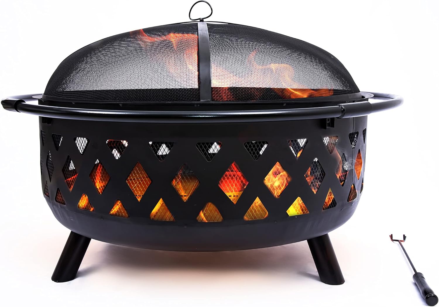 Project One Crossweave Outdoor Fire Pit - 36 Inch Large Bonfire Wood Burning Patio & Backyard Firepit for Outside with Spark Screen, Poker, and Round Fireplace Cove