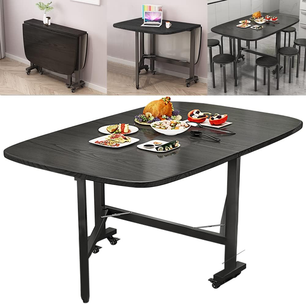 Rukulin Foldable Kitchen Table Dining Room Table Mobile Space Saving Versatile Drop Leaf Dinner Table with 6 Wheels,Foldable in Three Forms Table