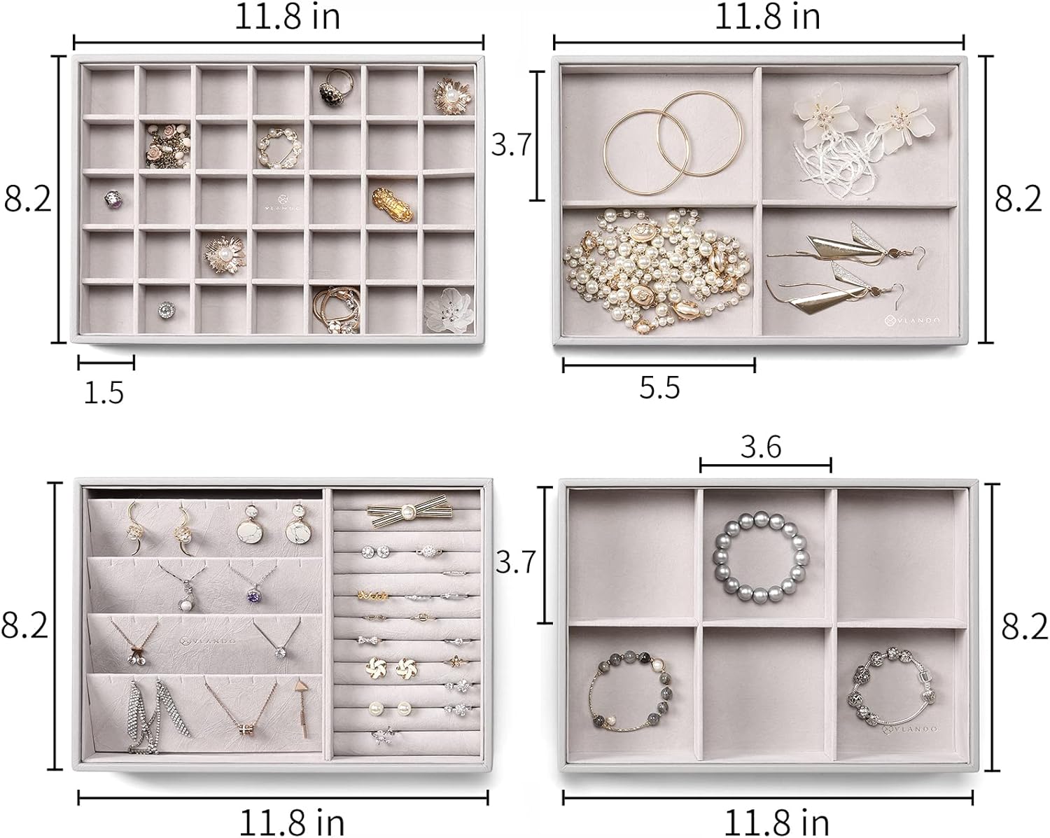 Vlando Miller Jewelry Trays Stackable Showcase Display Drawer Organizer Storage Toughened Glass Lid Multi-Purpose Multiple Combinations Large Capacity Multi-Layer Design and Fashion-Grey