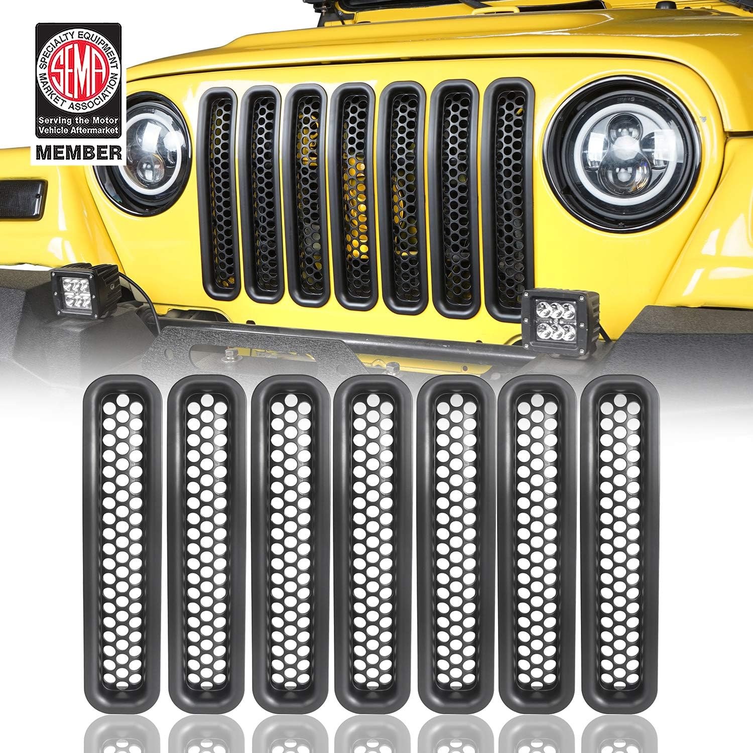 Hooke Road Wrangler Grill Mesh Inserts Front Grille Guard Cover Clip-in Matte Black for 1997-2006 Jeep Wrangler TJ & Unlimited (Pack of 7)