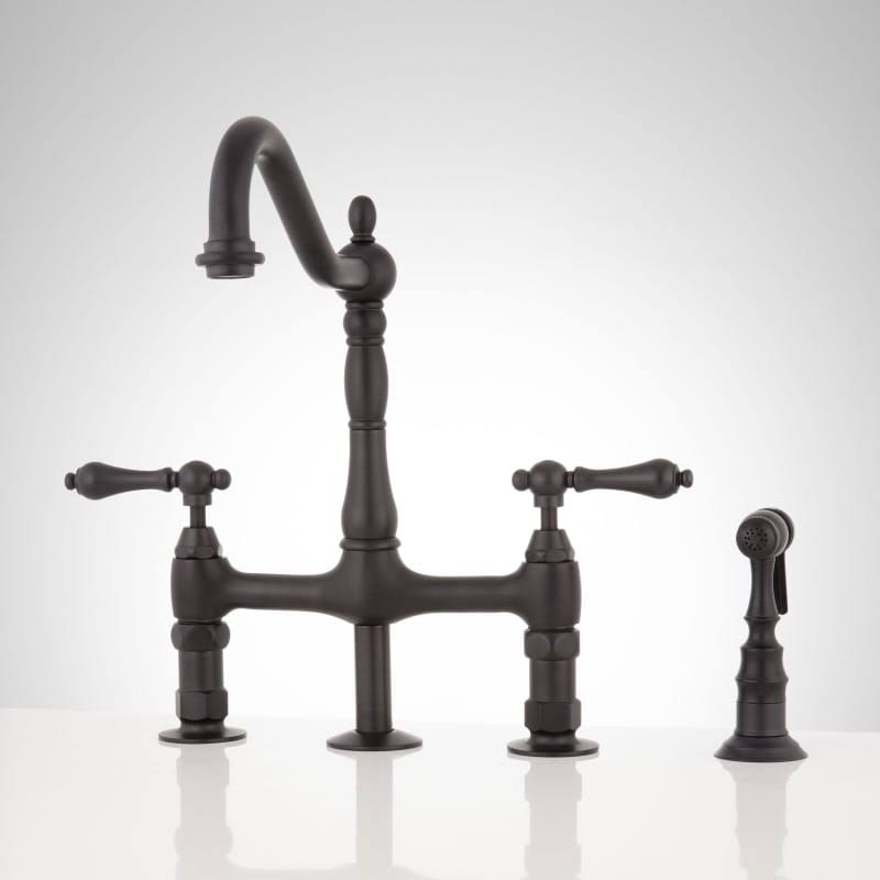 Signature Hardware 907295 Bellevue Bridge Kitchen Faucet with Brass Sprayer - Lever Handles Matte Black Faucet Kitchen Double Ha