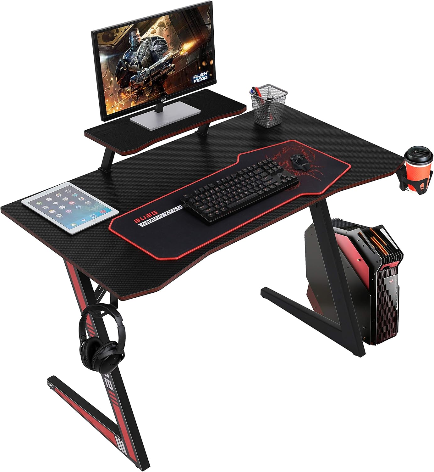 Auag 44 inch Gaming Desk with Monitor Stand, Racing Style Home Computer Pc Table, Z-Shaped Gamer Game Work-Station with Cup Holder and Headphone Hook (44 inch)