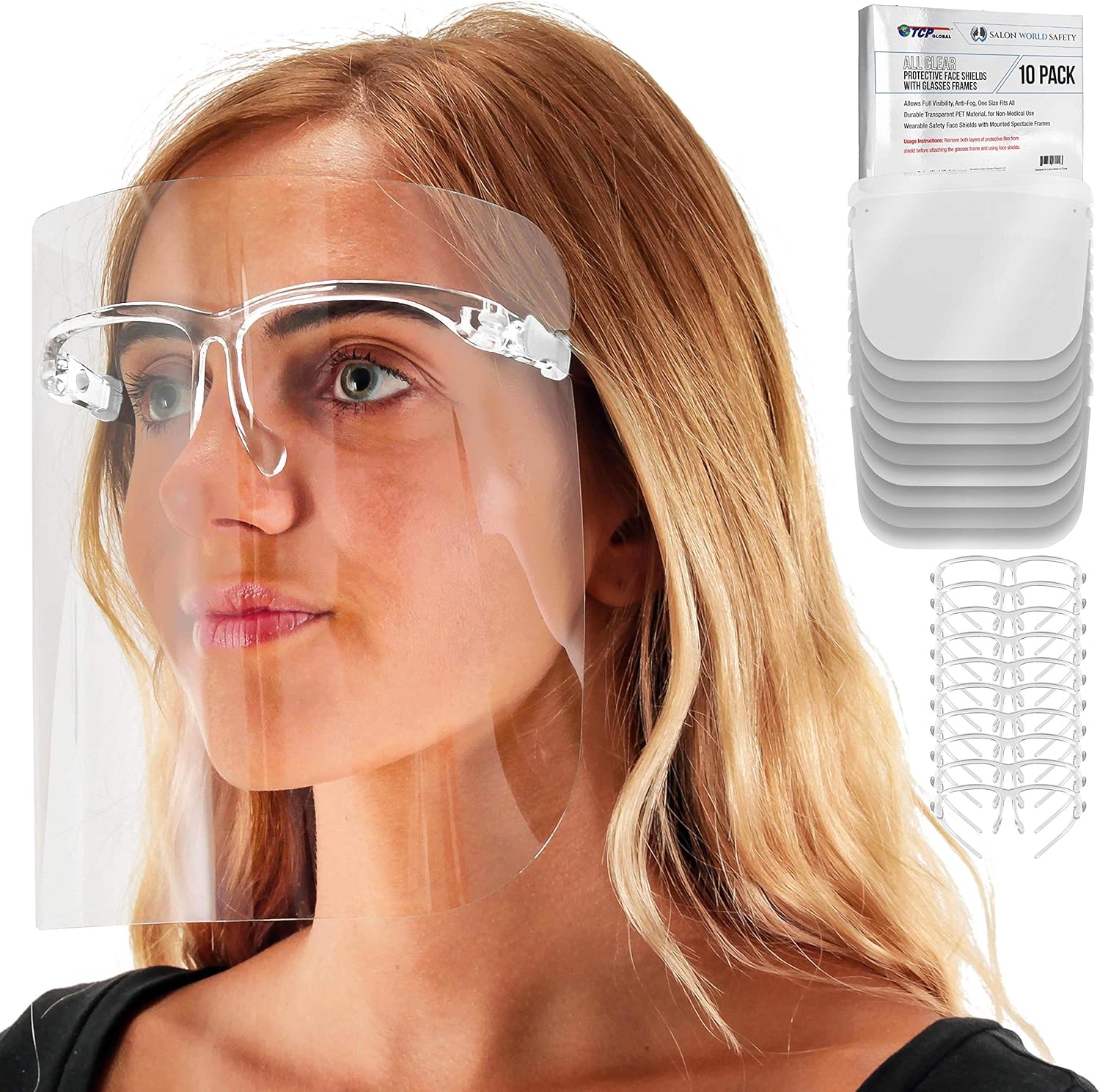 TCP Global Salon World Safety Face Shields with All Clear Glasses Frames (Pack of 10) - Ultra Clear Full Face Shields