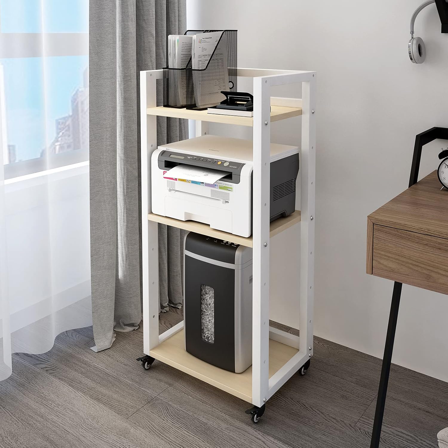 PUNCIA 3-Tier Office Adjustable Movable Floor-Standing Printer Copier Shredder Stand with Storage Mobile Tall Table Rack with Wheels Corner Computer Host Shelf for Fax Scanner Book Supplies (Walnut)