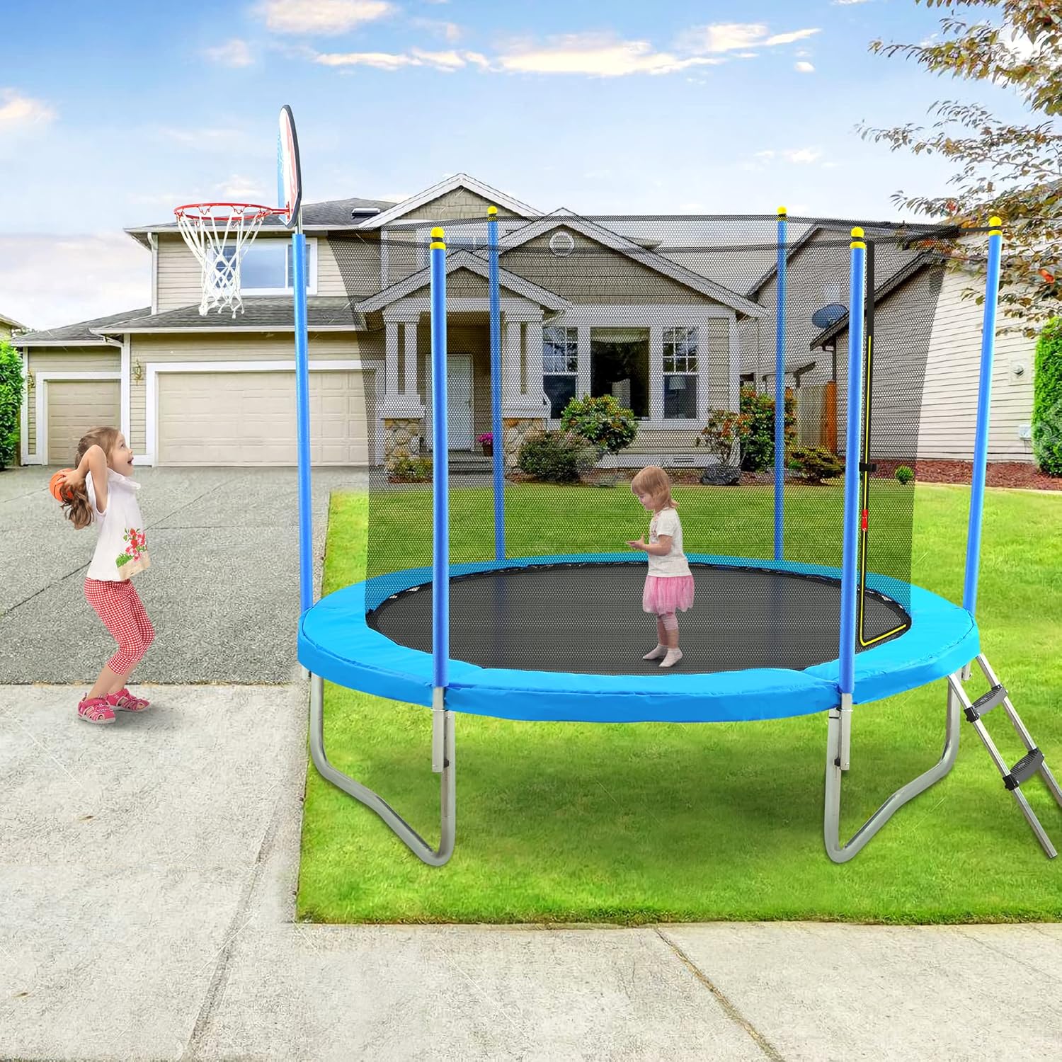 Merax 8FT Trampoline for Kids, Outdoor Trampoline with Safety Enclosure, Basketball Hoop and Ladder, Fast Assembly for Backyard