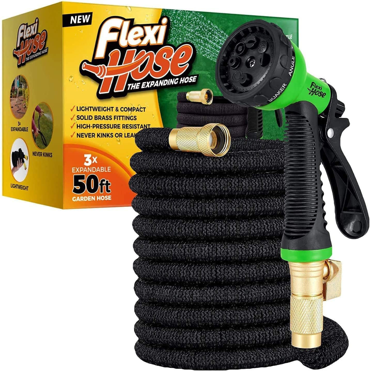 Flexi Hose with 8 Function Nozzle, Lightweight Expandable Garden Hose, No-Kink Flexibility, 3/4 Inch Solid Brass Fittings and Double Latex Core Pack of 2