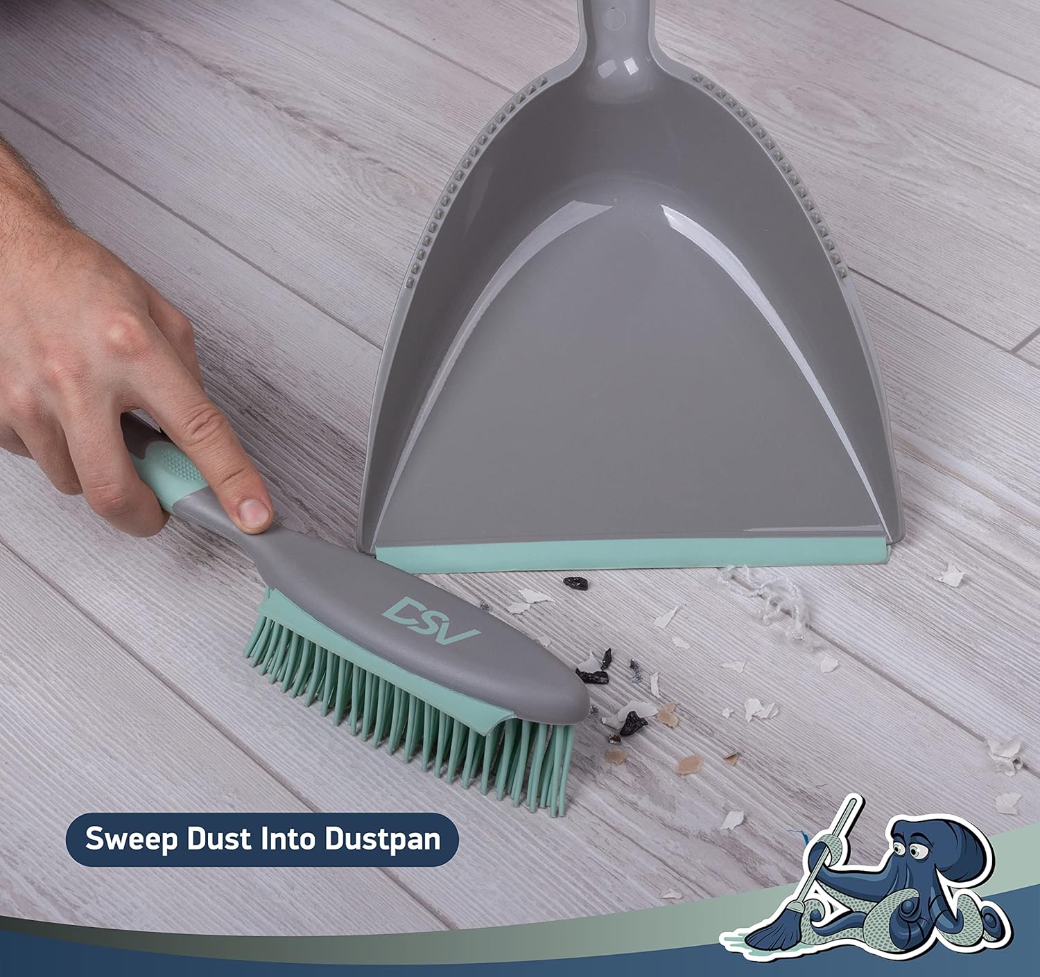 DSV Standard Soft Bristle Brush and Scrubber with Dustpan Set, Comfortable Long 6.7” Handle with Hanging Hole, Ideal for Removing Pet Hair & Debris Pack of 2